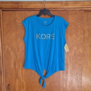 MICHAEL Michael Kors Blue Tie-Front Tee with Gold Studded Logo, size L.